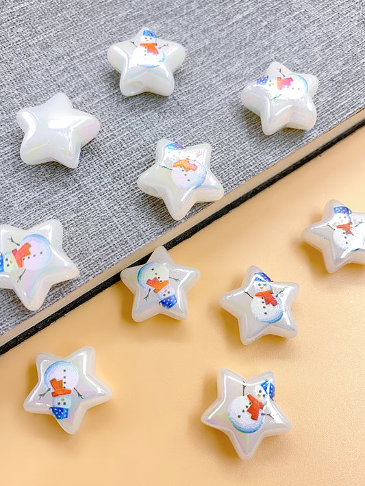 ABS imitation pearl Bright color series five-pointed star straight hole printing Christmas style diy handmade beading