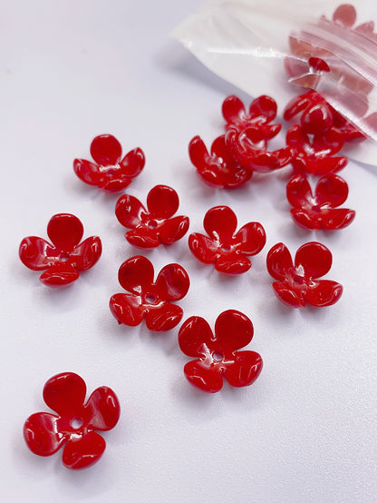 New abs imitation pearl four-petal flower bright oil red straight hole flower headwear Hair accessories diy handmade beading